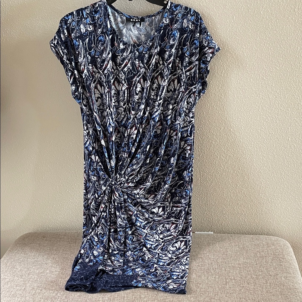 DKNY Navy and Light Blue Paisley Twist-Front Knit Dress